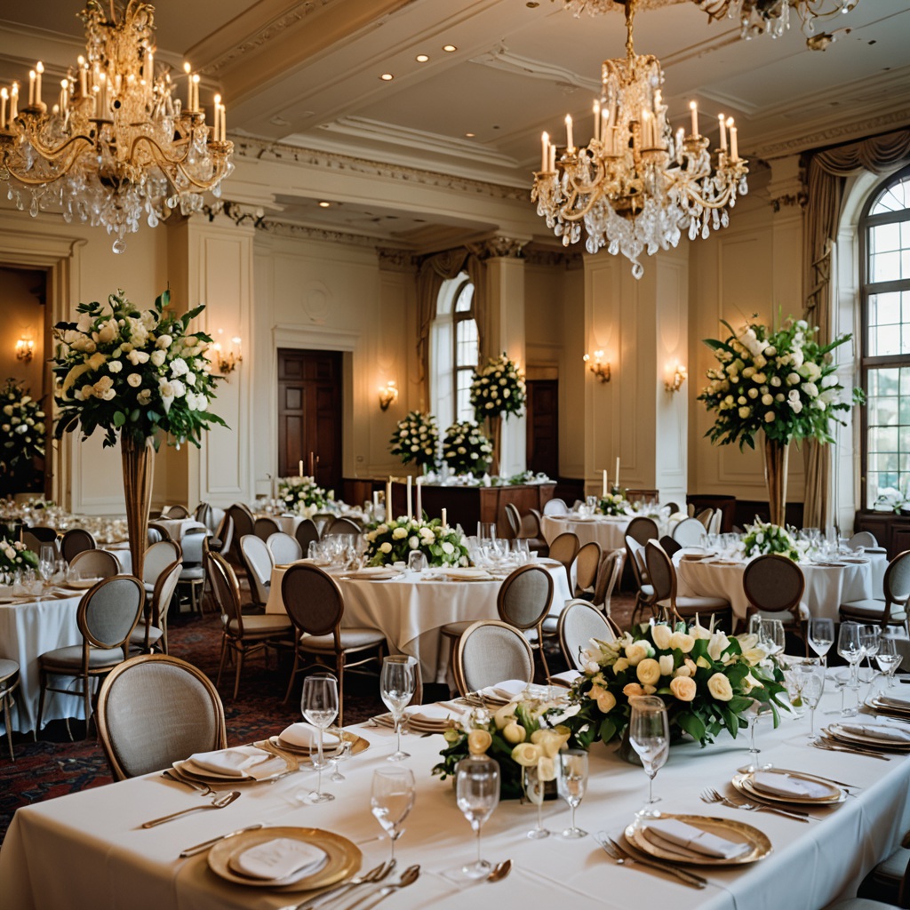 婚禮接待會場白色桌布花藝溫暖燈光