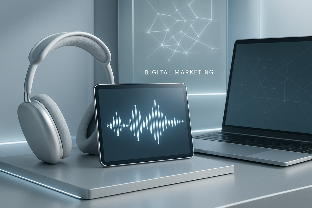 圖片展示了一台平板電腦、筆記型電腦以及一副耳機，背景有「DIGITAL MARKETING」的文字，呈現出現代數位行銷的科技氛圍，平板上顯示的音頻波形亦強調了音訊在數位行銷中的重要性。