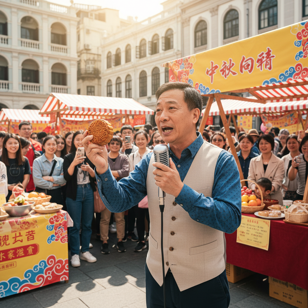 這張圖片展示了一位男性在中秋節的市場上發表演講，他手裡高舉著一塊傳統月餅，背景是一群興奮的觀眾，攤位上擺滿了各式中秋節美食，營造出熱鬧的慶祝氛圍。