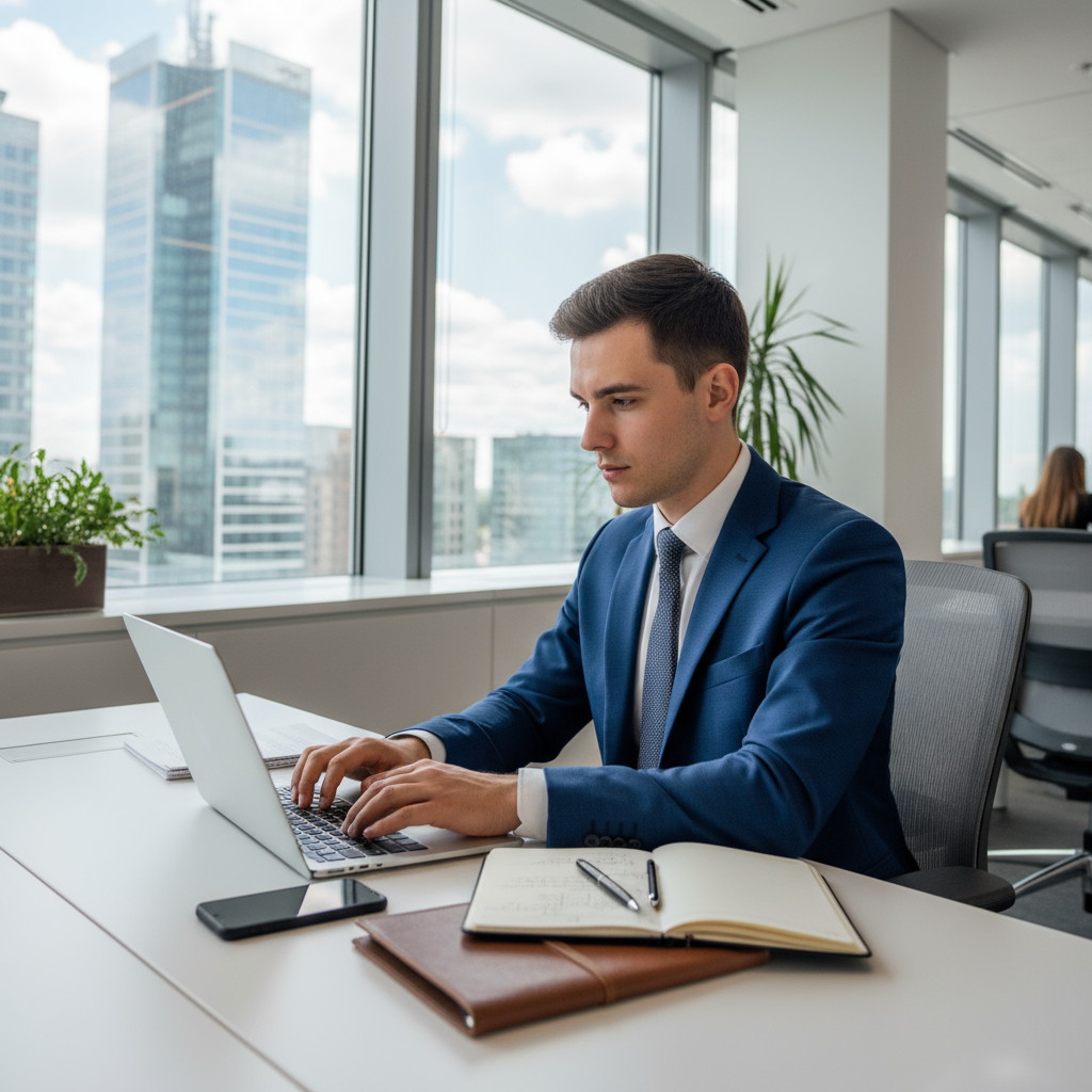 一位穿著正式西裝的年輕男性正在現代辦公室裡,專注地使用筆記型電腦工作。窗外可以看到高樓大廈的城市景象,辦公桌上還放著筆記本和手機,顯示出忙碌的工作氛圍。