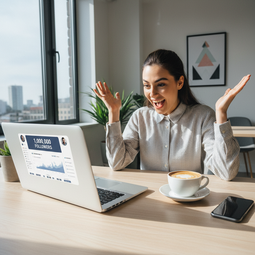 一位女性坐在桌子前，驚喜地看著筆記型電腦螢幕，螢幕上顯示著「1,000,000 FOLLOWERS」的數字，桌上還有一杯咖啡，背景有明亮的窗戶和綠色植物，呈現出愉悅的工作環境。