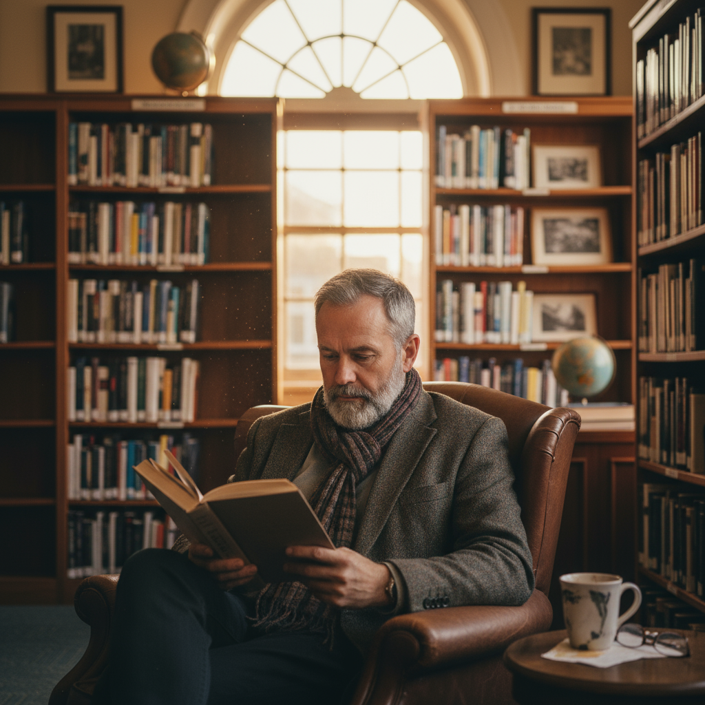 在一個舒適的圖書館裡，一位穿著外套的男性正專注地閱讀一本書，身旁有一杯熱飲，背景是擺滿書籍的書架和大窗戶，透露出柔和的自然光線。