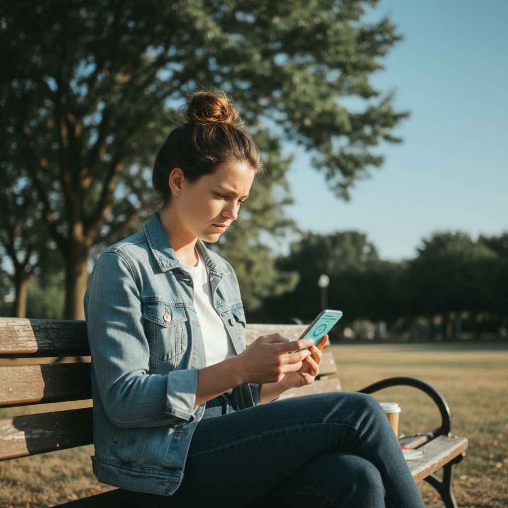 一位年輕女性在公園綠意中專注滑手機，映現口碑行銷即時傳播與決策鏈結