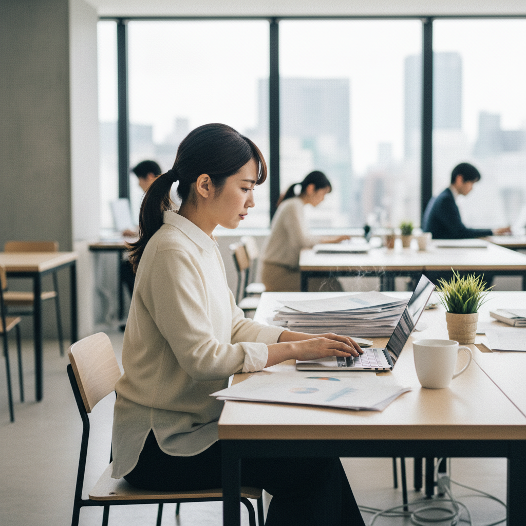 這張圖片展示了一位年輕女性在光線充足的現代辦公室裡專注於使用筆記型電腦。她的桌上堆滿了文件和一杯咖啡，背景中有其他同事也在忙碌工作，整體氛圍與口碑行銷的專注和效率息息相關。