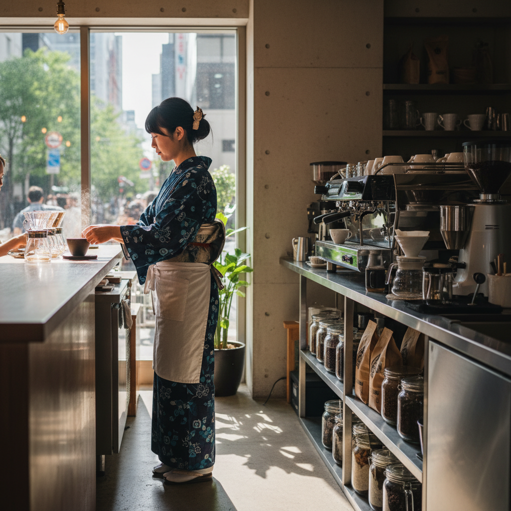 穿著傳統和服的女性在明亮的咖啡店裡為客人沖泡咖啡，象徵良好互動打造口碑行銷力量