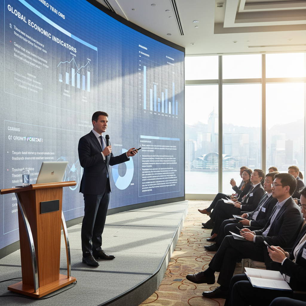 這張圖片展示了一位男士在會議室中進行口碑行銷的演講，背景是大型的數據圖表，並有觀眾專心聆聽，營造出專業且具啟發性的氛圍，是分享口碑行銷策略的重要時刻。