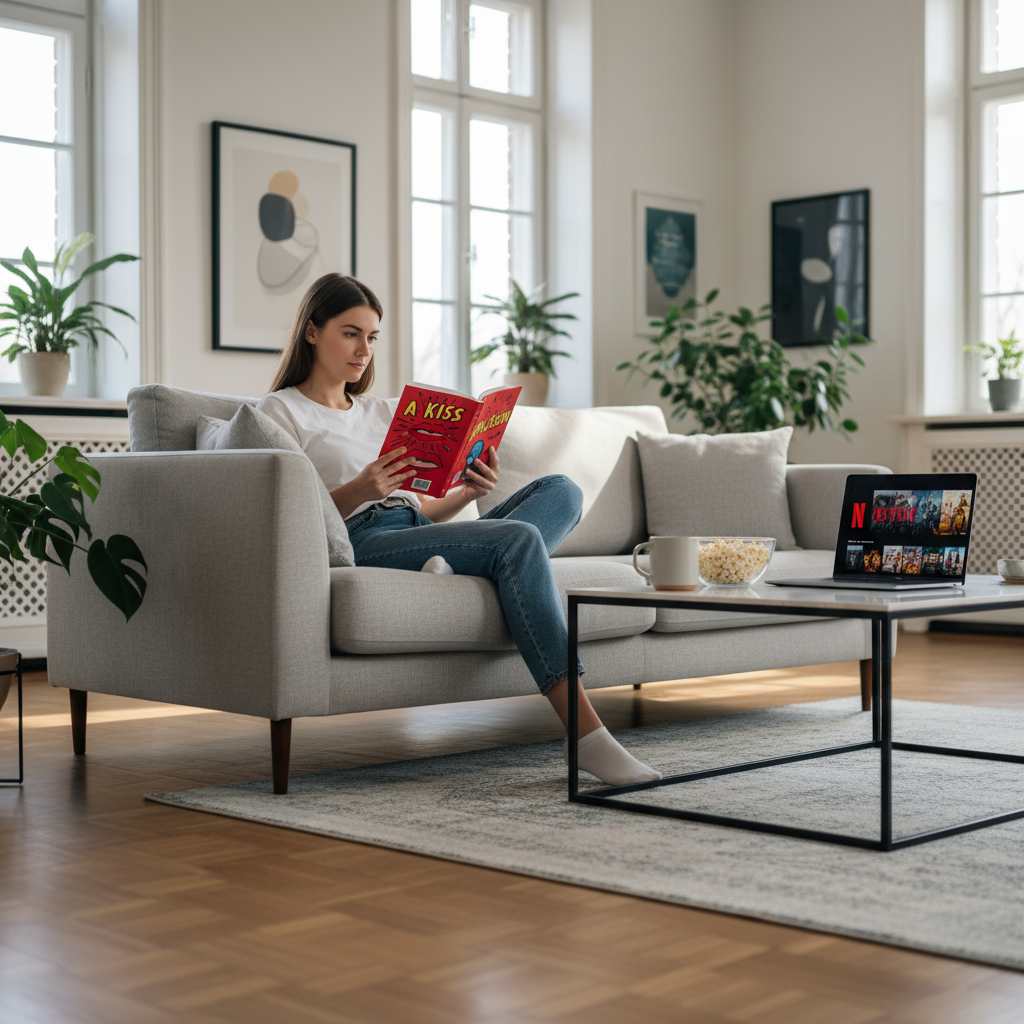 一名年輕女性坐在舒適的沙發上，正在專心閱讀一本封面鮮豔的書籍。沙發旁的咖啡桌上擺著一杯熱茶和一碗爆米花，後方窗外自然光透入，營造出愜意的家庭氛圍。這個場景適合強調口碑行銷在家庭娛樂中的重要性。