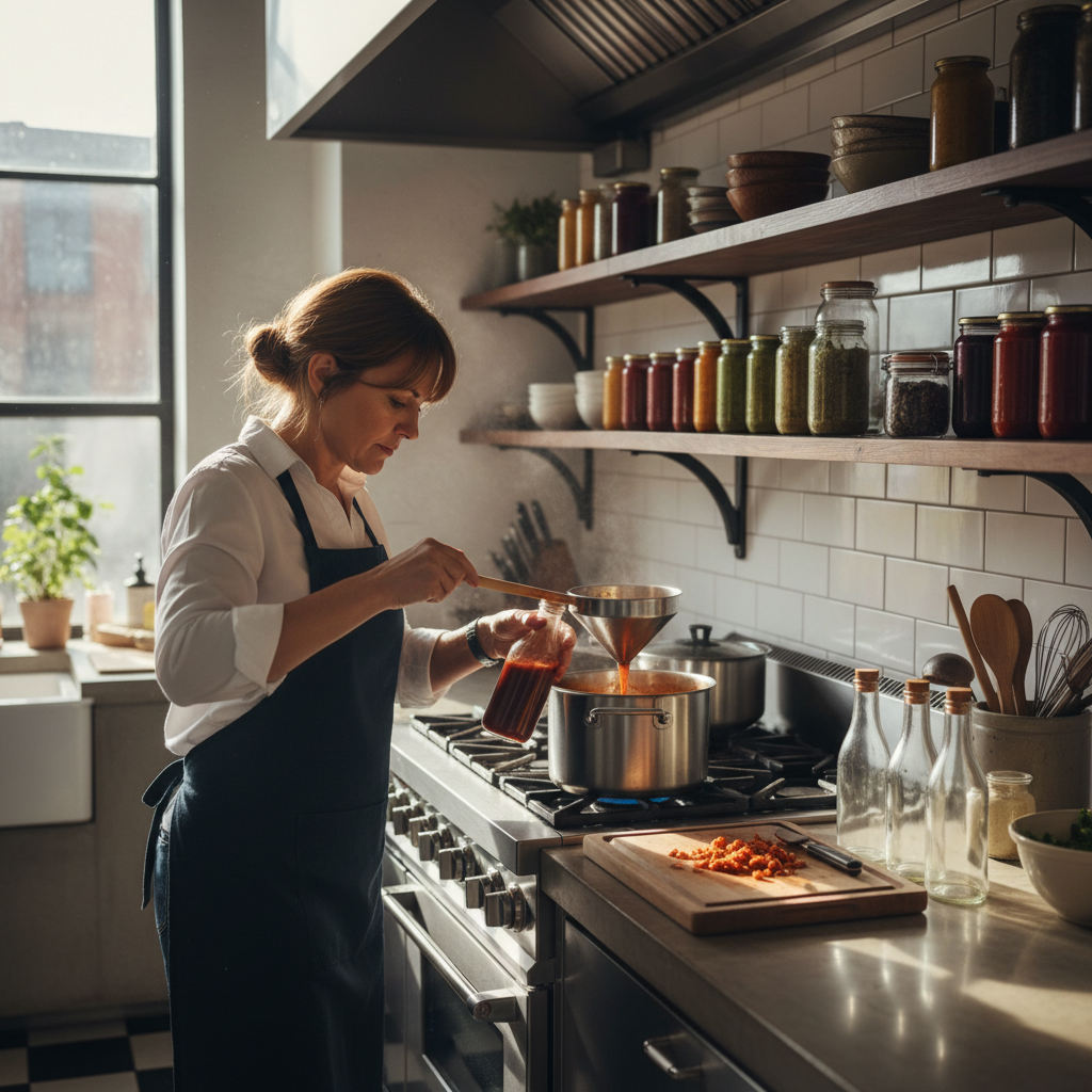 一位女性在明亮的廚房中，專心製作自家醬料，展示口碑行銷的實例，周圍架子上擺滿了各式調味料與保存罐，彰顯手作的用心與品質。