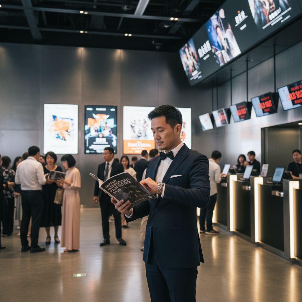 在台灣電影節的會場中，一位身穿西裝的男士專心閱讀手冊，周圍聚集著許多參加者，展現出活躍的活動氛圍，與口碑行銷的重要性相呼應。