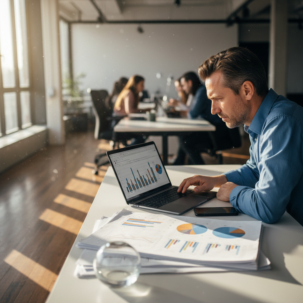 在現代辦公室中，一名男性專注於筆記型電腦螢幕，分析有關口碑行銷的數據圖表，桌上堆著幾份報告，顯示出他正專心致力於提升品牌知名度。