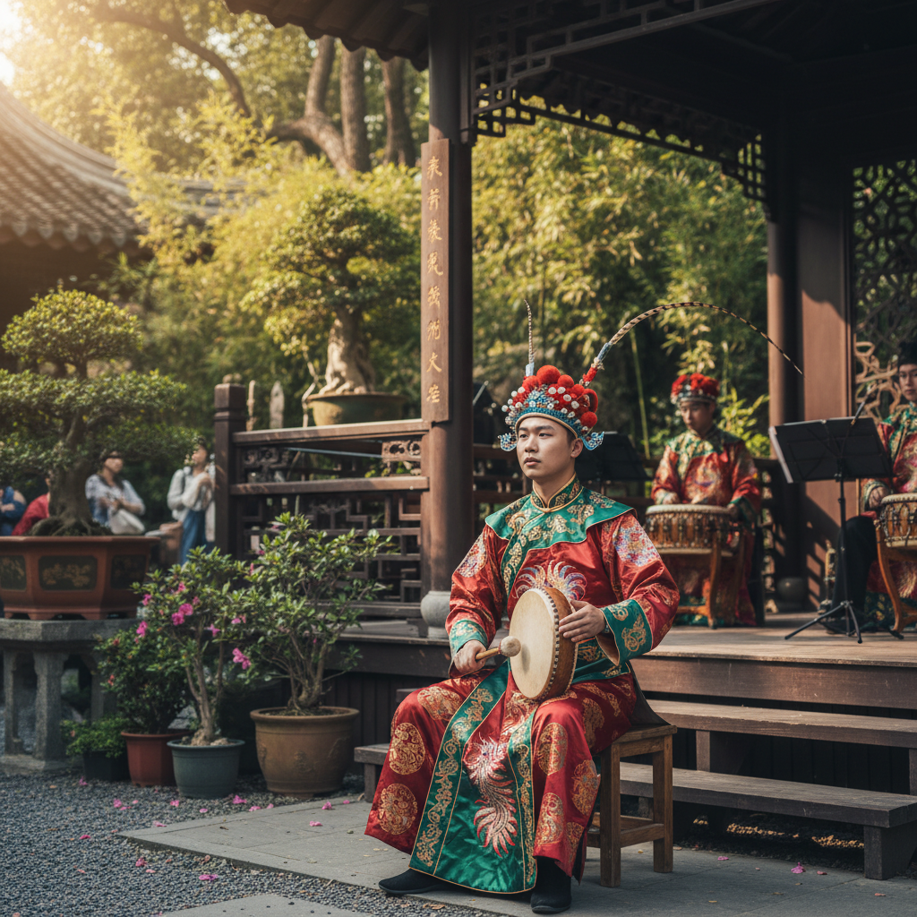 這張圖片展示了一位身穿紅色傳統服裝的表演者，坐在庭院中專心演奏樂器，背景有一群觀眾和其他表演者，顯示出台灣的傳統文化與口碑行銷的結合。