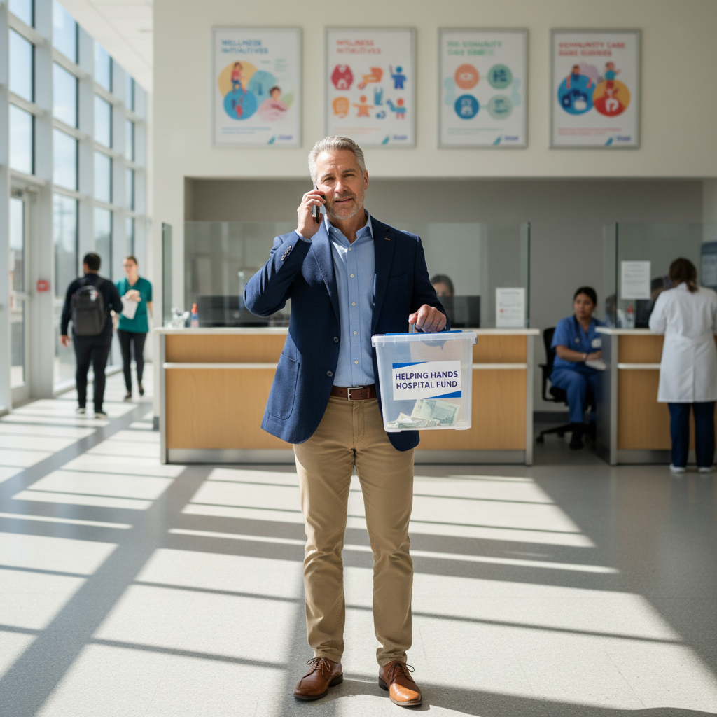 圖片中是一名男士在醫院大廳中，手持「HELPING HANDS HOSPITAL FUND」的捐款箱，正在用手機進行通話，展現出他對於口碑行銷的熱情與參與精神。