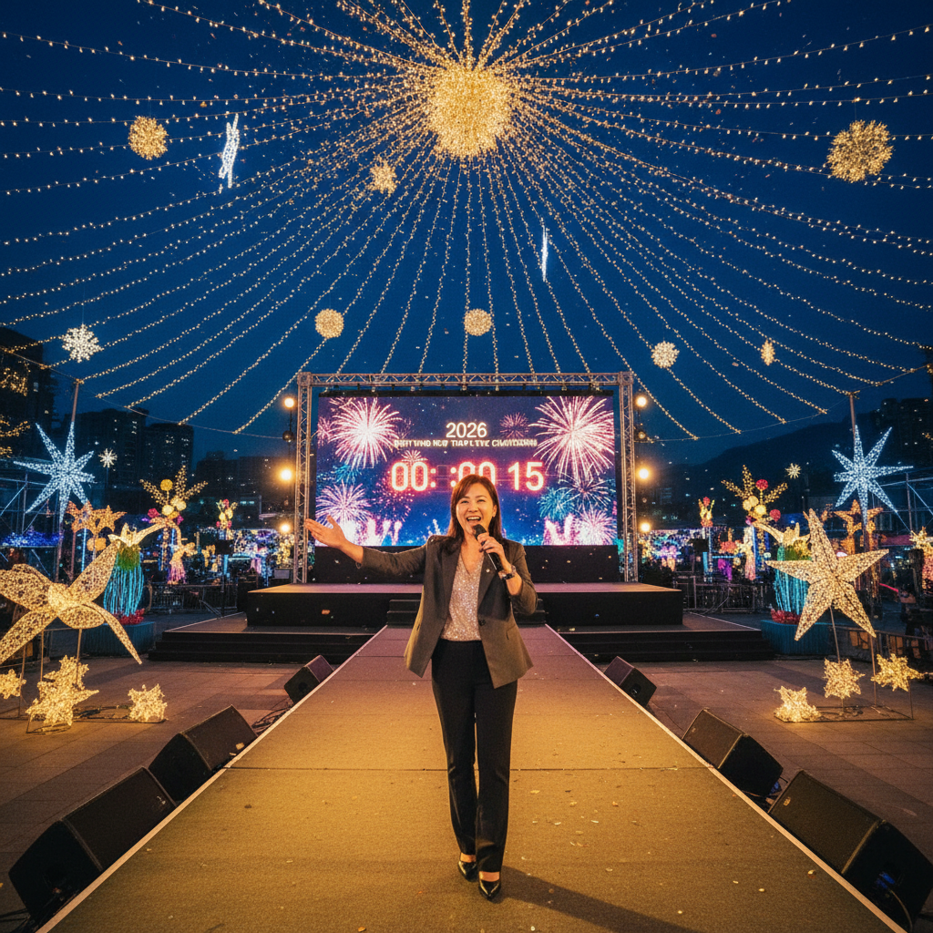 在一場精采的倒數活動中，一位女性主持人正站在舞台上，微笑著向觀眾揮手，背景有璀璨的煙火與燈光裝飾，展現出獨特的口碑行銷效果。