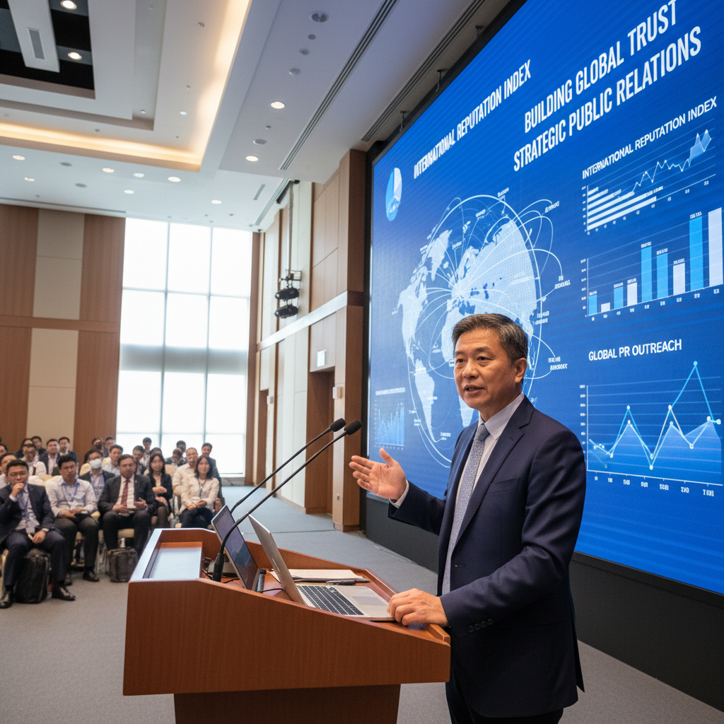 在會議上，一位男士正在發表關於「口碑行銷」的主題演講，背景是一個展示全球信任和公關策略的電子屏幕，與會者專注地聆聽。