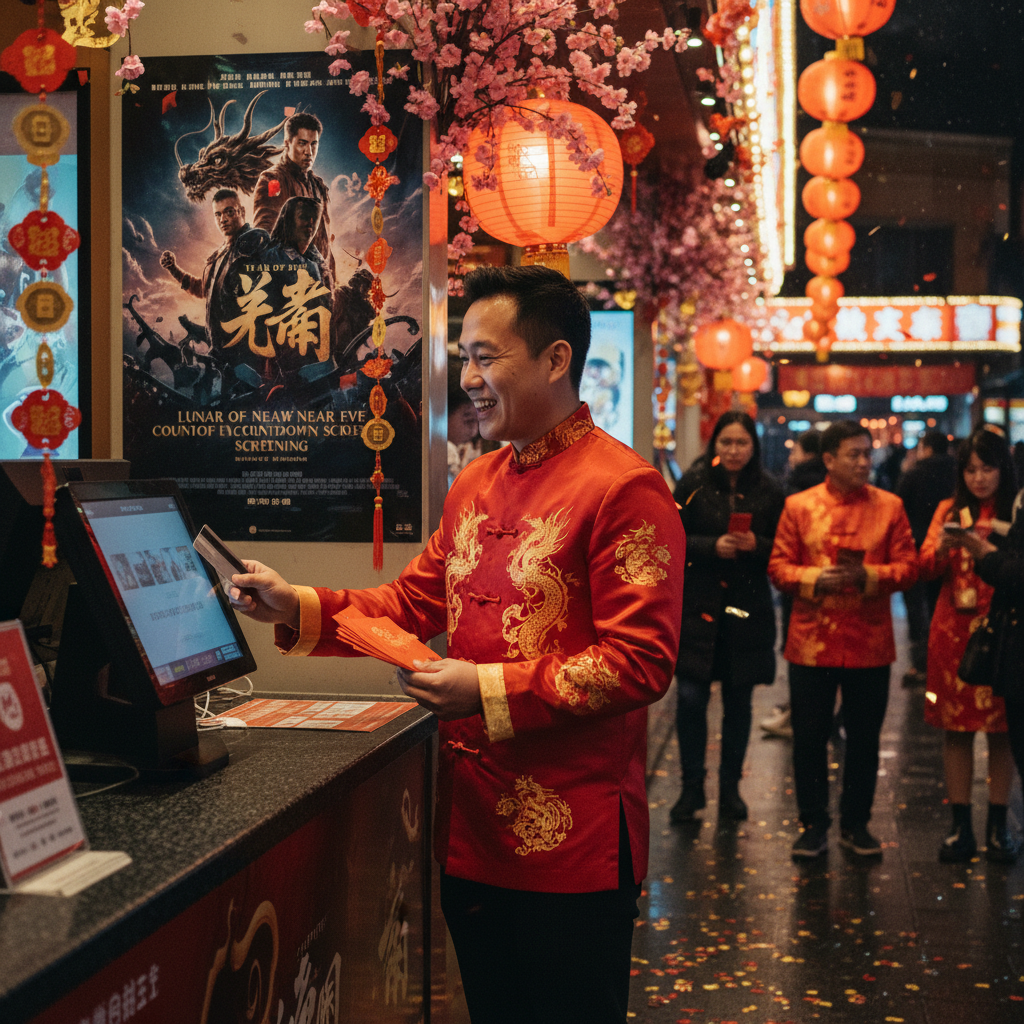 圖片中，一名穿著紅色中式服裝的男子在影院櫃檯前微笑，手中拿著宣傳單，背景有燈籠和春節佈置，整體營造出喜慶的氛圍，吸引顧客參與口碑行銷活動。