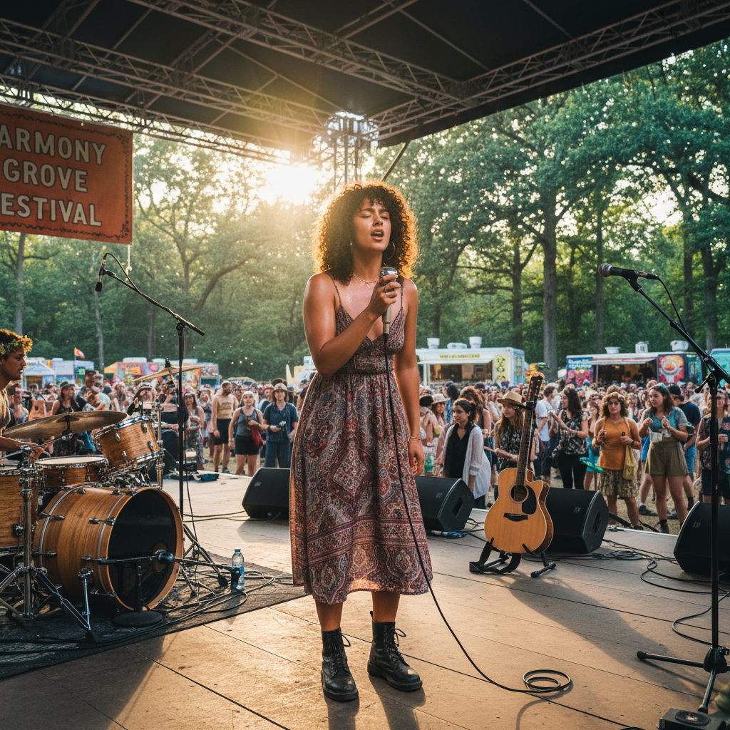 這張圖片展示一位在音樂節上表演的女性歌手，她正在麥克風前深情演唱，背景是一群熱情的觀眾。舞台上燈光柔和，周圍環境充滿生機，這是一個展現口碑行銷魅力的現場活動場景。