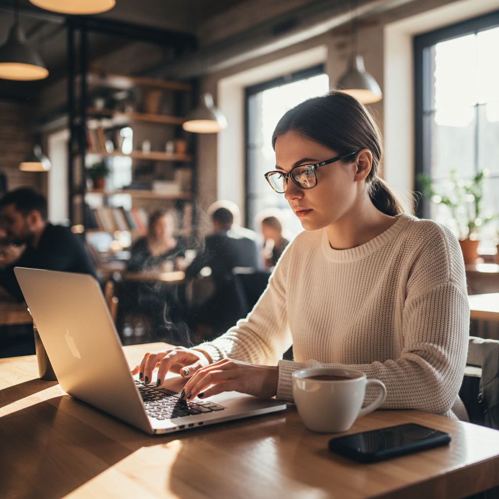 年輕女性在咖啡廳進行社群互動行銷