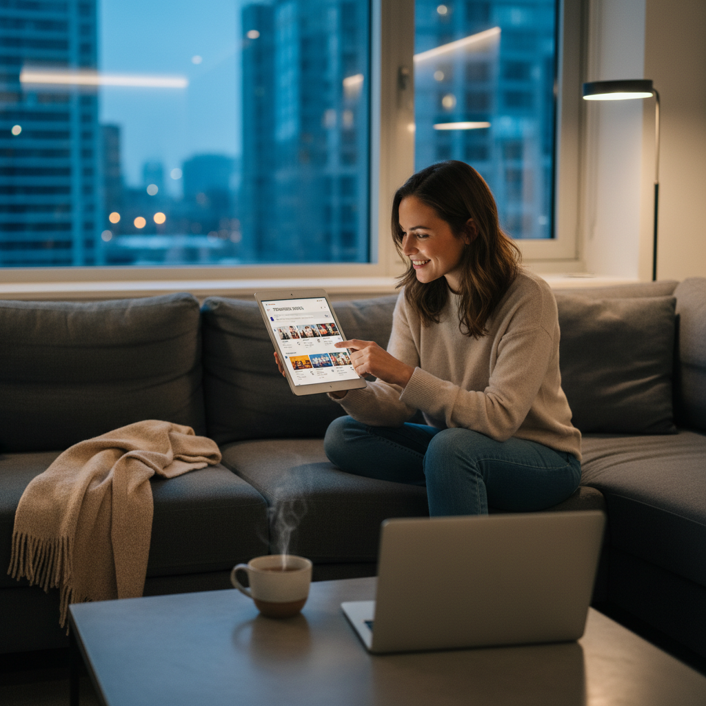 這張圖片展示了一位年輕女性坐在沙發上，輕鬆地使用平板電腦瀏覽內容，表情愉悅。房間裡燈光柔和，窗外城市夜景燦爛，旁邊還有一杯熱咖啡，營造出舒適的氛圍，適合口碑行銷的個人化交流。