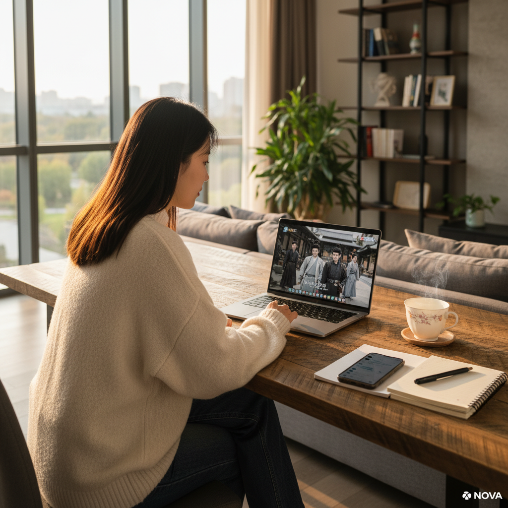 這張圖片顯示一位女性坐在舒適的室內環境中，正在使用筆記型電腦觀看視頻，顯示出她對於口碑行銷策略的研究與實踐，桌上有筆記本和手機，展現出專注與規劃的情境。