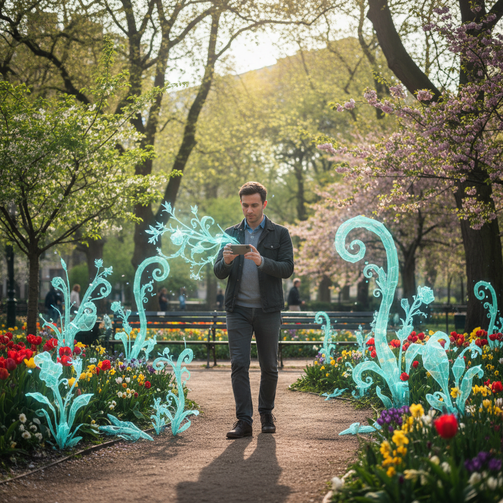 一名男性在公園中使用手機，周圍環繞著色彩繽紛的花朵與虛擬的花草圖案，展示了口碑行銷如何運用數位科技吸引觀眾。