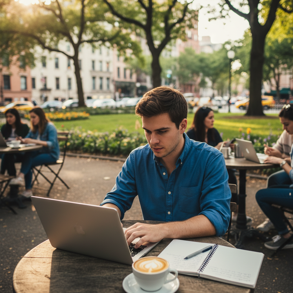 這張圖片顯示一位年輕男子坐在戶外咖啡廳，專注於他的筆記型電腦，周圍有其他人也在使用電子設備，桌上擺放著一杯拉花咖啡和筆記本，這樣的場景展示了口碑行銷能夠創造的社交互動氛圍。