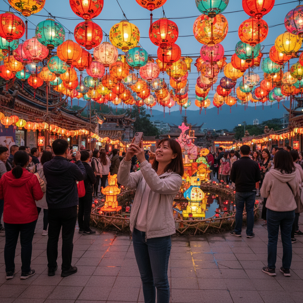 這張圖片展示了一位年輕女性在台灣的燈籠節上，手持手機拍照，背景中懸掛著色彩斑斕的燈籠，周圍有眾多遊客參與這個熱鬧的文化活動，展現了口碑行銷的魅力。