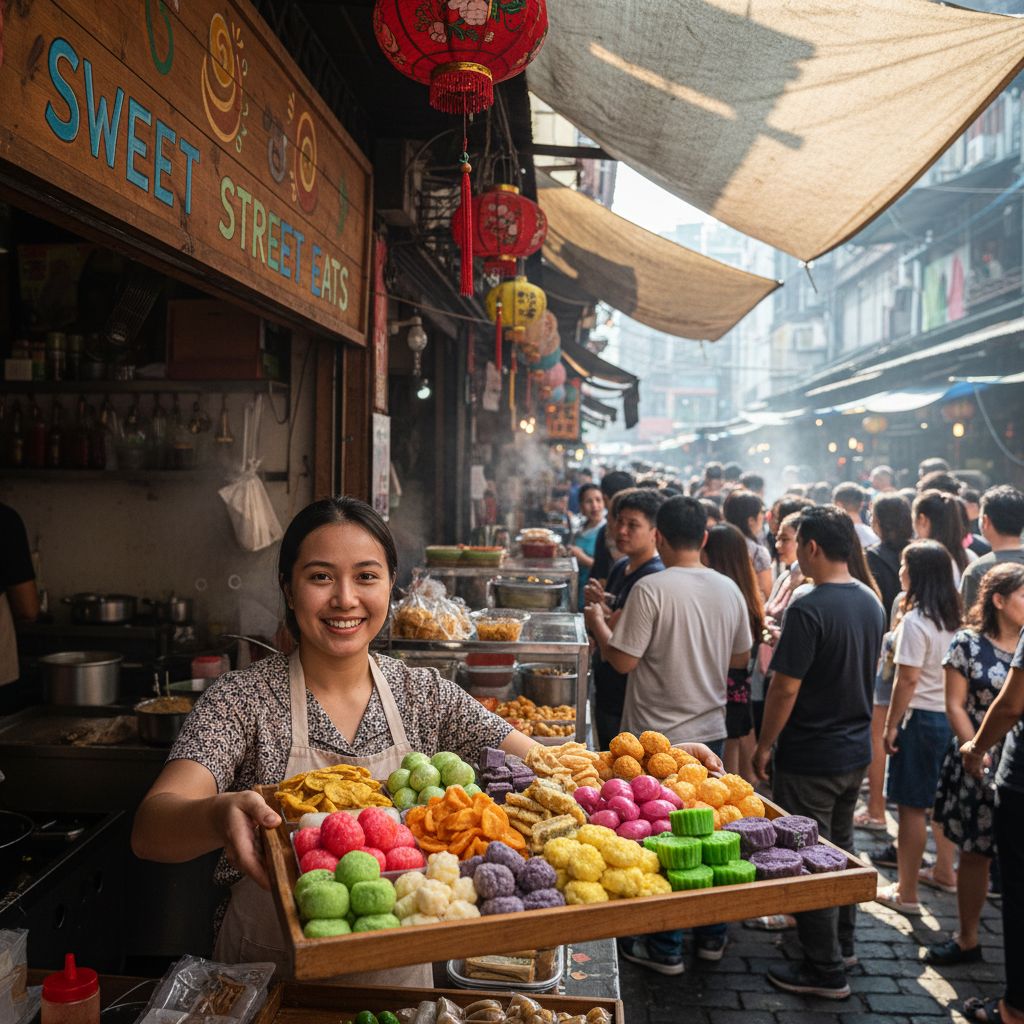在熱鬧的台灣市場中，一位熱情的攤販微笑著展示精美的甜點和小吃，吸引著路過的顧客，完美展現口碑行銷的魅力。