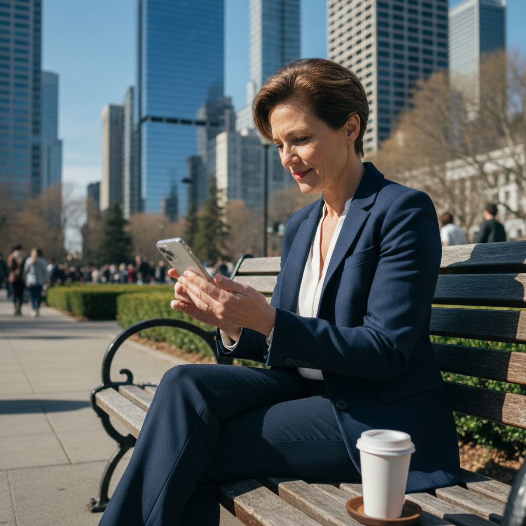 在城市公園長椅上，一位穿著西裝的女性專注地使用手機查看資訊，背景是現代化的高樓大廈和人潮，展現了口碑行銷在日常生活中的應用。