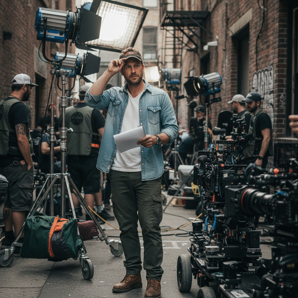 圖片中顯示一位正在戶外拍攝現場的男性工作人員，他手持筆記本，上面寫著一些備註，身旁有許多攝影器材和工作人員正在忙碌，這樣的場景展現了口碑行銷在影片拍攝過程中的重要性。