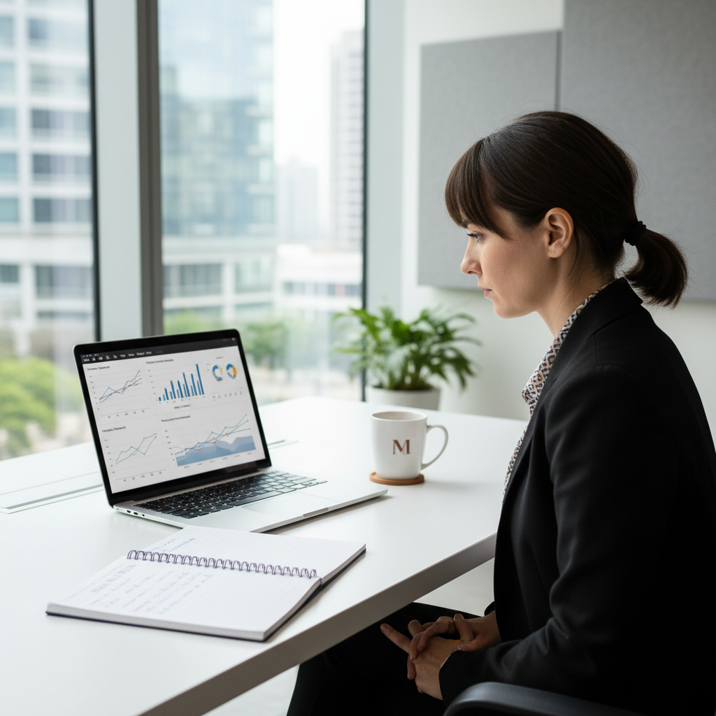 一位穿著正式的女性在現代辦公室中，專注地注視著筆記本電腦螢幕，上面顯示關於口碑行銷的數據圖表，旁邊的白色咖啡杯靜靜放置，窗外綠意盎然，展現充滿活力的商業環境。