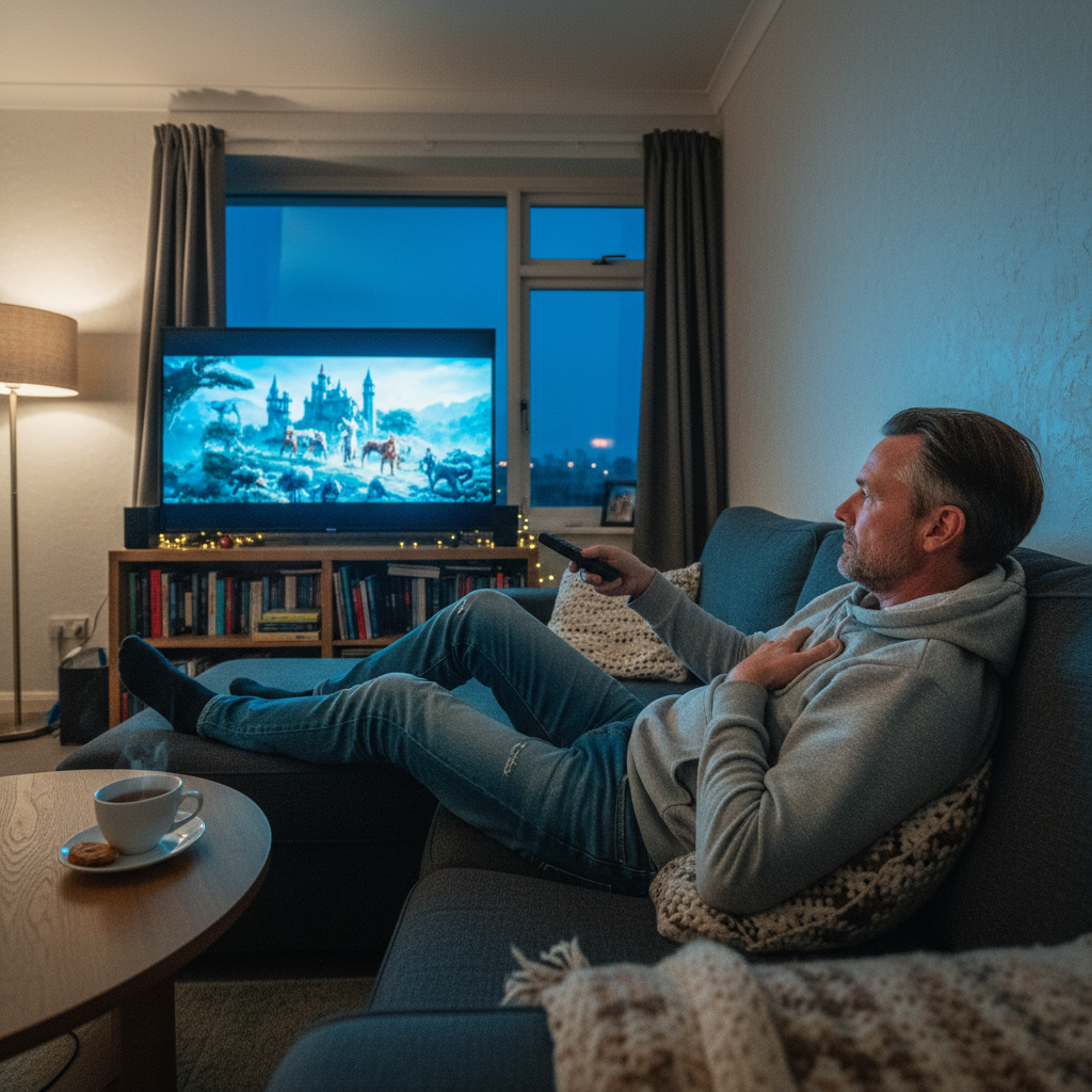 一位男子在舒適的沙發上觀看電視，屏幕上顯示著壯觀的城堡景象，這樣的觀看體驗正是口碑行銷中人們喜愛分享的瞬間。
