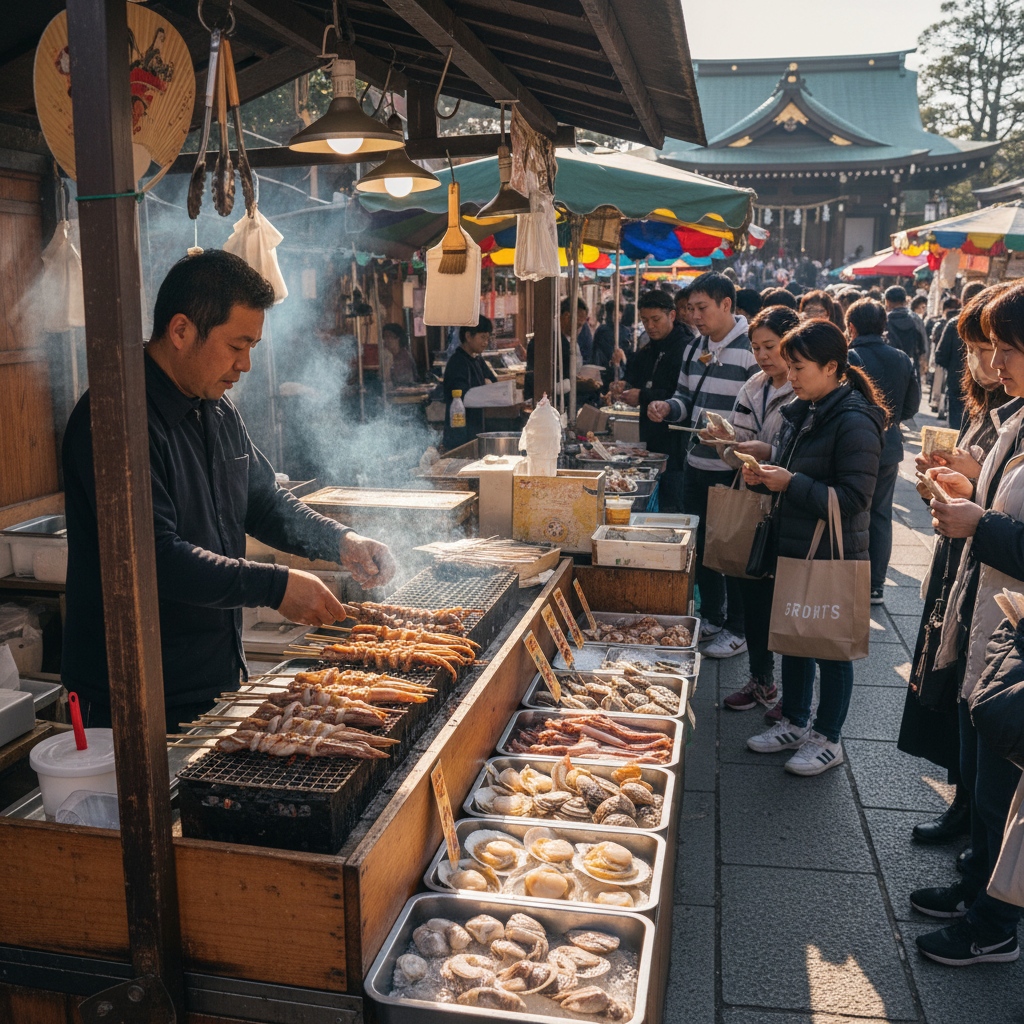 這張圖片展示了一位攤販在熱鬧的街頭市場中準備美味的燒烤食物，四周擺滿新鮮的海鮮和各種小吃。攤位前面吸引了許多顧客，他們正專心選擇心儀的食物，這樣的場景展現了口碑行銷的魅力，生動地詮釋了美食如何吸引顧客。