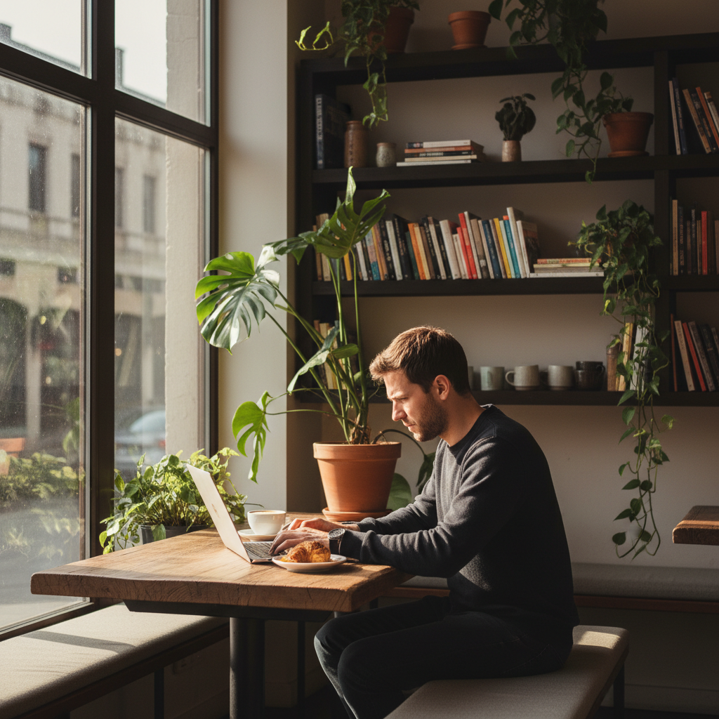 一位男性在咖啡廳的窗邊工作