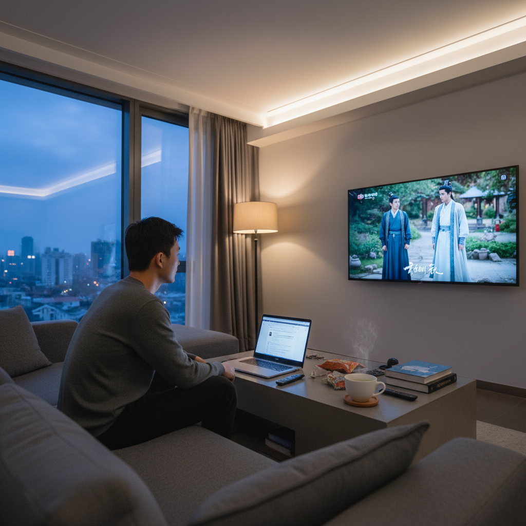 一位男性坐在現代化的客廳中，正在用電腦觀看熱門影視節目，旁邊有小吃與茶飲，這個畫面展示了口碑行銷在家中娛樂打發時間的情況。