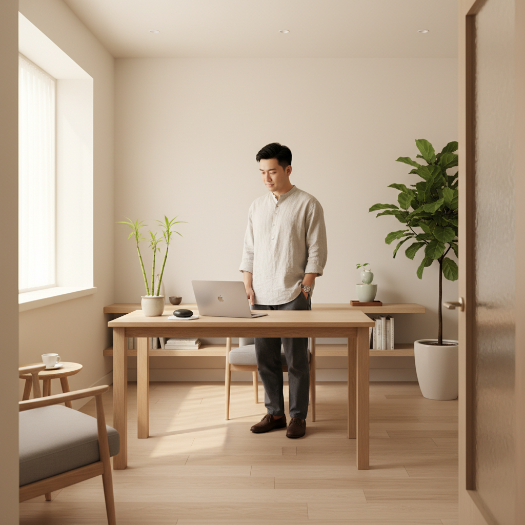 繁體中文 alt：一位年輕男子站在簡約風格的辦公桌前，桌上擺放著筆記型電腦和幾個盆栽，背景是淡色牆面和自然光照進的窗戶，展現數位行銷與WordPress網站開發的工作場景。